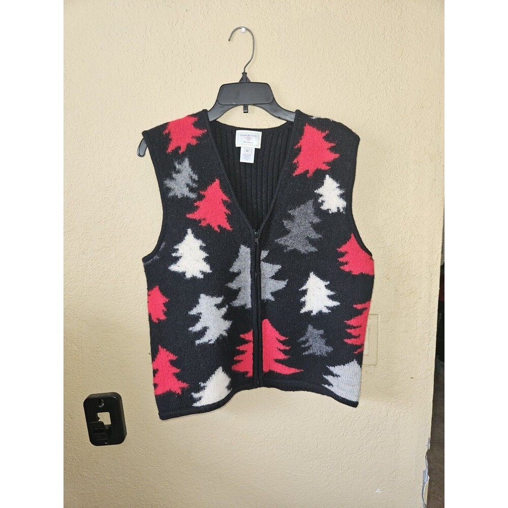 VTG SUSAN BRISTOL Womens Wool Sweater Vest Black Winter Trees Zipper SIze M (b)